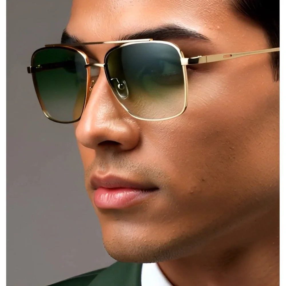 Men's Oversized Square Aviator Sunglasses Gold Frame Gradient Green Lenses Gafas